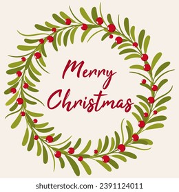 Christmas flower wreath card design. Holiday poster with red berries, flowers and quote Merry Christmas. Winter season flyer illustration. Stock vector brochure