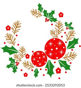 Christmas flower wreath, round frame, Merry Christmas and Happy New Year, festival decoration.