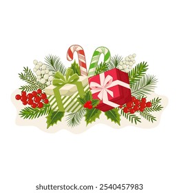 Christmas flowers and candies with gift boxes. A vibrant holiday wreath featuring red poinsettias, green leaves, and white berries arranged for festive decoration during winter