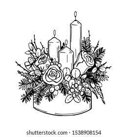 Christmas flowers with candles. Vector hand-drawn illustration.