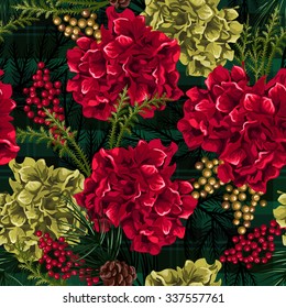 Christmas Flowers With Fir Branches And Red Berries. Seamless Pattern. 