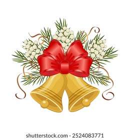 Christmas flowers with jingle bell. A vibrant holiday wreath featuring red poinsettias, green leaves, and white berries arranged for festive decoration during winter