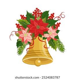 Christmas flowers with jingle bell. A vibrant holiday wreath featuring red poinsettias, green leaves, and white berries arranged for festive decoration during winter