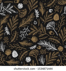 Christmas flowers and leaves seamless pattern. Branch, cone, fir tree, berry, misteltoe, acorn. Vector illustration