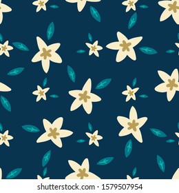 Christmas flowers and leaves vector pattern background, Scandinavian hand drawn illustration. 