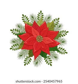 Christmas flowers. A vibrant holiday wreath featuring red poinsettias, green leaves, and white berries arranged for festive decoration during winter