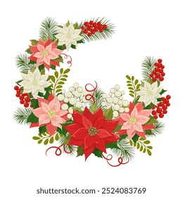 Christmas flowers wreath. A vibrant holiday wreath featuring red poinsettias, green leaves, and white berries arranged for festive decoration during winter