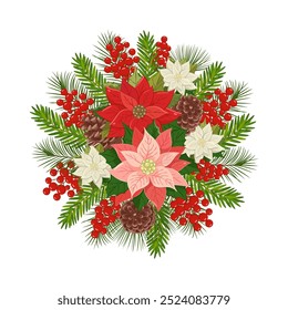 Christmas flowers wreath. A vibrant holiday wreath featuring red poinsettias, green leaves, and white berries arranged for festive decoration during winter