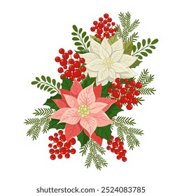 Christmas flowers wreath. A vibrant holiday wreath featuring red poinsettias, green leaves, and white berries arranged for festive decoration during winter