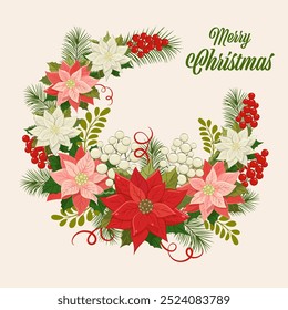 Christmas flowers wreath. A vibrant holiday wreath featuring red poinsettias, green leaves, and white berries arranged for festive decoration during winter