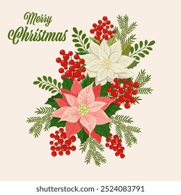 Christmas flowers wreath. A vibrant holiday wreath featuring red poinsettias, green leaves, and white berries arranged for festive decoration during winter