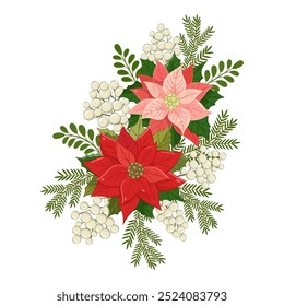 Christmas flowers wreath. A vibrant holiday wreath featuring red poinsettias, green leaves, and white berries arranged for festive decoration during winter