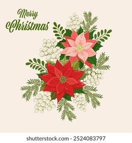 Christmas flowers wreath. A vibrant holiday wreath featuring red poinsettias, green leaves, and white berries arranged for festive decoration during winter