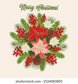 Christmas flowers wreath. A vibrant holiday wreath featuring red poinsettias, green leaves, and white berries arranged for festive decoration during winter