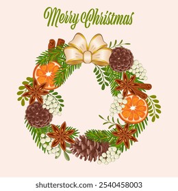 Christmas flowers wreath. A vibrant holiday wreath featuring pine cone and oranges arranged for festive decoration during winter