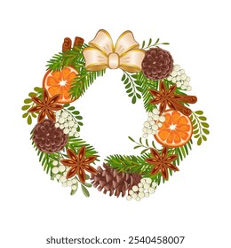 Christmas flowers wreath. A vibrant holiday wreath featuring pine cone and oranges arranged for festive decoration during winter isolated