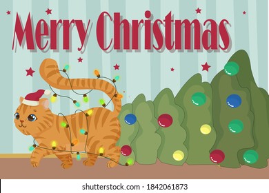 Christmas fluffy ginger kitten, pet, brown shaggy plump cat walks next to a fallen tree, Christmas decorations, garlands and a star. vector illustration. happy christmas card