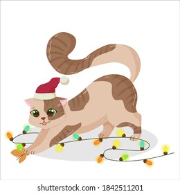 Christmas fluffy tabby kitten, pet, gray plump cat dressed as a deer, Christmas decorations, garlands. vector illustration isolated on white background