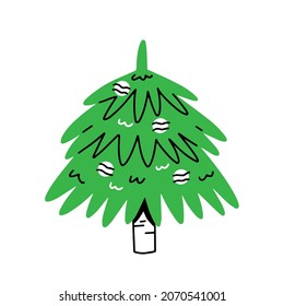 Christmas fluffy tree in simple linear cartoon doodle style. Vector illustration Happy New Year and Merry Christmas.