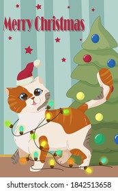 Christmas fluffy tricolor kitten, pet, brown with spots shaggy plump cat walks next to the Christmas tree, Christmas decorations, garlands and a star. vector illustration. happy christmas card