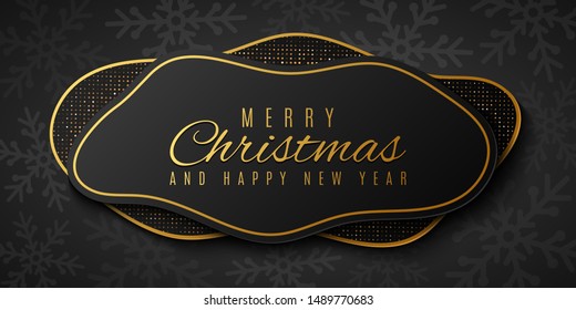 Christmas fluid shapes with pattern of snowflakes and golden glitter. Modern geometric banner for your project. Festive greeting card. Vector Illustration. EPS 10