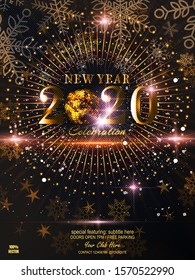 Christmas flyer. Background Xmas design of sparkling lights with golden disco ball, golden snowflake, glitter gold confetti, light effect. Christmas poster, greeting card, header, flyer. EPS 10