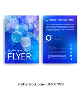 Christmas Flyer design templates. Set of blue A4 brochure design templates with bokeh lights and snowflakes backgrounds.