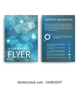 Christmas Flyer design templates. Set of blue A4 brochure design templates with bokeh lights and snowflakes backgrounds.