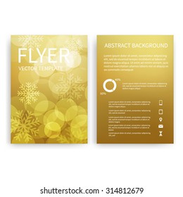 Christmas Flyer design templates. Set of gold A4 brochure design templates with bokeh lights and snowflakes backgrounds.