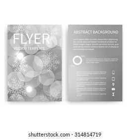Christmas Flyer design templates. Set of silevr A4 brochure design templates with bokeh lights and snowflakes backgrounds.