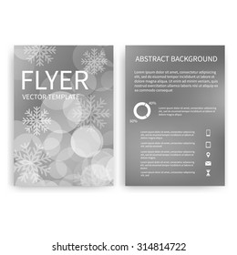 Christmas Flyer design templates. Set of silevr A4 brochure design templates with bokeh lights and snowflakes backgrounds.