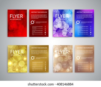 Christmas Flyer design templates. Set of A4 brochure flyer design templates with bokeh lights and snowflakes background. Design for Christmas party flyers, invitation cards, Christmas banner, brochure