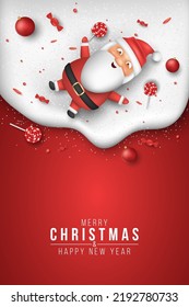 Christmas flyer with emotional cartoon santa lies on a snowdrift with lollipops, candy, balls. New year poster for sale, party, festive presentation. Vector illustration. EPS 10