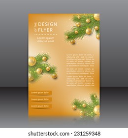 Christmas flyer with with fir-tree and toys. Vector design of banner for Happy New Year.