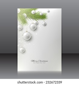 Christmas flyer with fir-tree and toys. Vector design of poster for Happy New Year.
