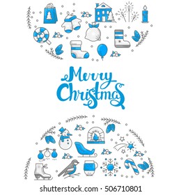 Christmas flyer made in flat and line style vector. Christmas celebration concept - lots of new year and christmas symbols isolated on background. 