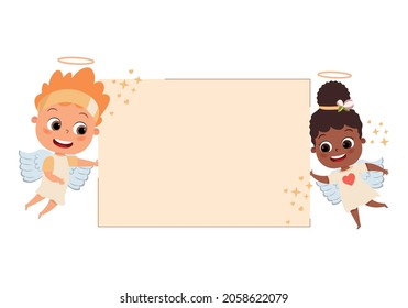 Christmas flyer or party invitation templates decorated with cute angel with place for text. Vector illustration for celebratory event announcement. Happy smiling diverse kids with halo and wings.