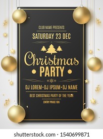 Christmas flyer for party. Xmas concept. Festive balls and golden stars. Serpentine and confetti. DJ and club name. Greeting card. Stylish lettering in frame. Vector illustration. EPS 10