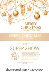 Christmas Flyer and Poster Template. Elegant Design with Realistic Holiday Golden Toys with Garlands and Shining Particles. Vector illustration