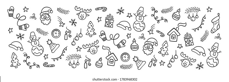 Christmas flyer with Santa Claus, christmas tree, reindeer, snowman, gift, snowflake and other. Vector hand drawn illustration in doodle and cartoon style.