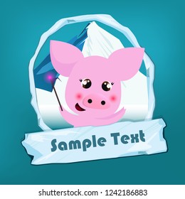 Christmas flyer template. Cheerful piggy with fairy light, snowy mounting in oval frame and icy sign with sample text. Vector illustration can be used for banners, posters, greeting card design