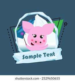 Christmas flyer template. Cheerful piggy with fairy light, snowy mounting in oval frame and icy sign with sample text. Vector illustration can be used for banners, posters, greeting card design