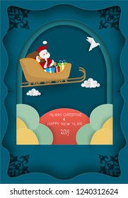 Christmas flyer template with colorful santa claus and sleigh for covers, invitations, posters, banners and flyers. Composition in paper cut style. Vector illustration.
