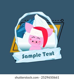 Christmas flyer template. Cute piggy in Santa hat, snowy mounting in oval frame and icy sign with sample text. Vector illustration can be used for banners, posters, greeting card design