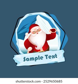 Christmas flyer template. Cute Santa Claus, snowy mounting in oval frame and icy sign with sample text. Vector illustration can be used for banners, posters, greeting card design