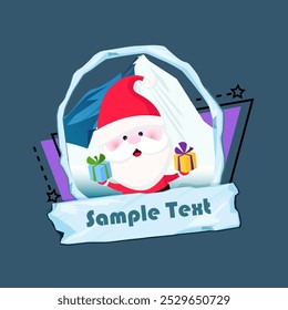 Christmas flyer template. Cute Santa Claus, snowy mounting in oval frame and icy sign with sample text. Vector illustration can be used for banners, posters, greeting card design