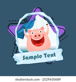 Christmas flyer template. Funny dancing pig, snowy mounting in oval frame and icy sign with sample text. Vector illustration can be used for banners, posters, greeting card design