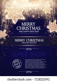 Christmas Flyer Template With Gold Shining Lights And Snowflakes. Vector Illustration