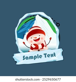 Christmas flyer template. Jolly dancing snowman, snowy mounting in oval frame and icy sign with sample text. Vector illustration can be used for banners, posters, greeting card design