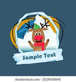 Christmas flyer template. Jolly reindeer, snowy mounting in oval frame and icy sign with sample text. Vector illustration can be used for banners, posters, greeting card design